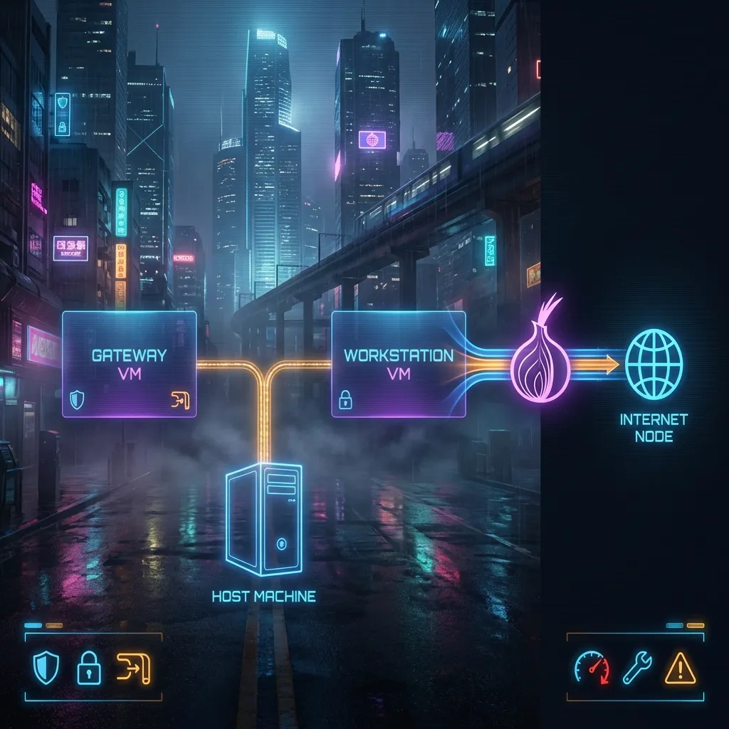 Wide banner showing Gateway and Workstation VMs forced through Tor, with subtle pros and cons icons
