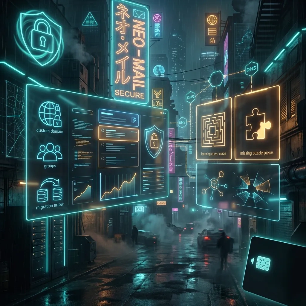 Wide cyber-themed email admin panels showing balanced pros and cons with security and DNS icons