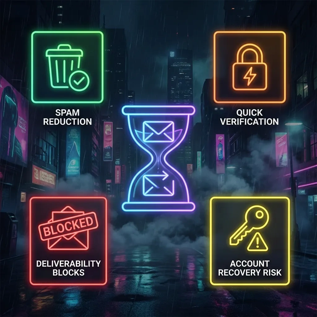 Icon-style graphic showing disposable email benefits and risks, including blocks and recovery concerns