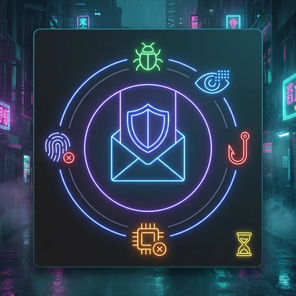 Icon set showing what temp mail protects (spam) and what it doesn’t (device tracking), with an expiry timer