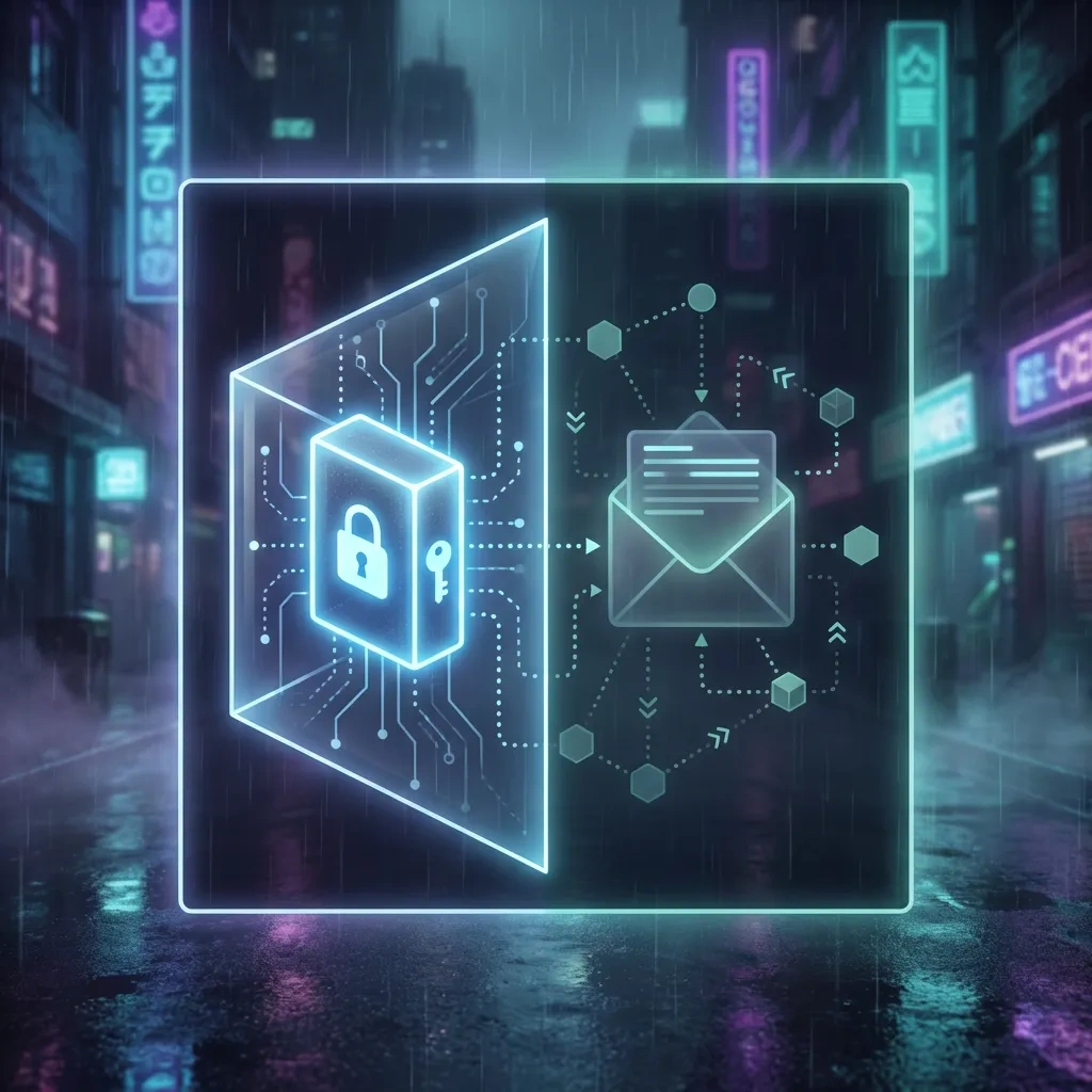Square diagram showing encrypted email content protected by a lock while envelope header metadata remains visible.