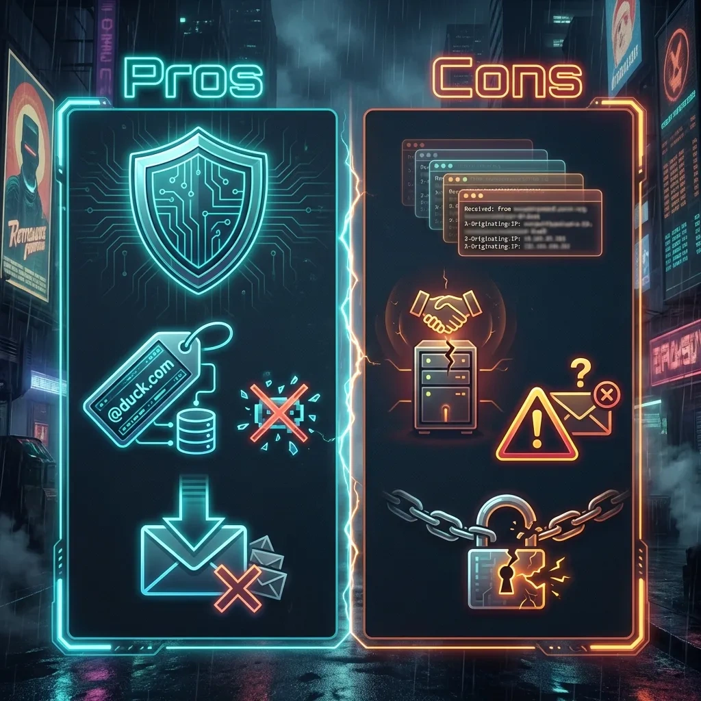 Square graphic comparing pros and cons of duck.com email aliasing and tracker stripping