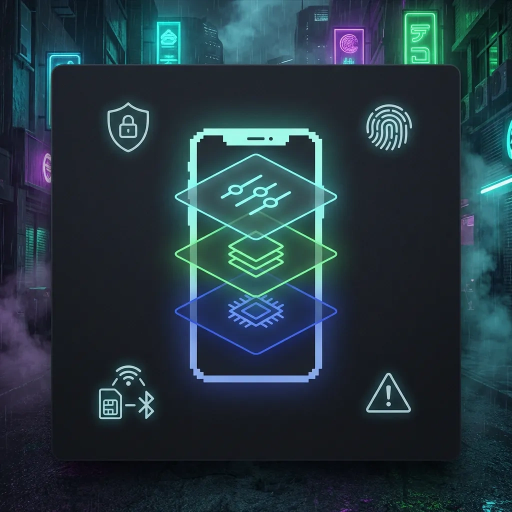 Square graphic of a phone with layered security icons and symbols for privacy, metadata, and limitations