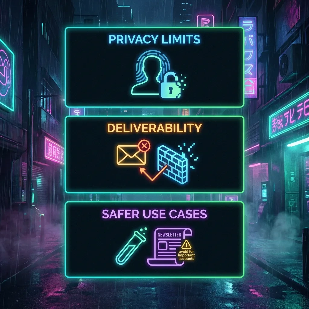 Square graphic summarizing privacy limits, deliverability blocks, and safer legitimate uses of disposable email