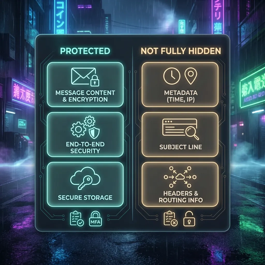 Square graphic contrasting what email encryption protects vs what metadata can still reveal