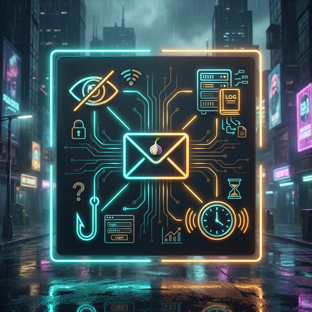 Infographic icons around an onion-wrapped envelope showing ISP privacy, provider logs, timing, and phishing risks.