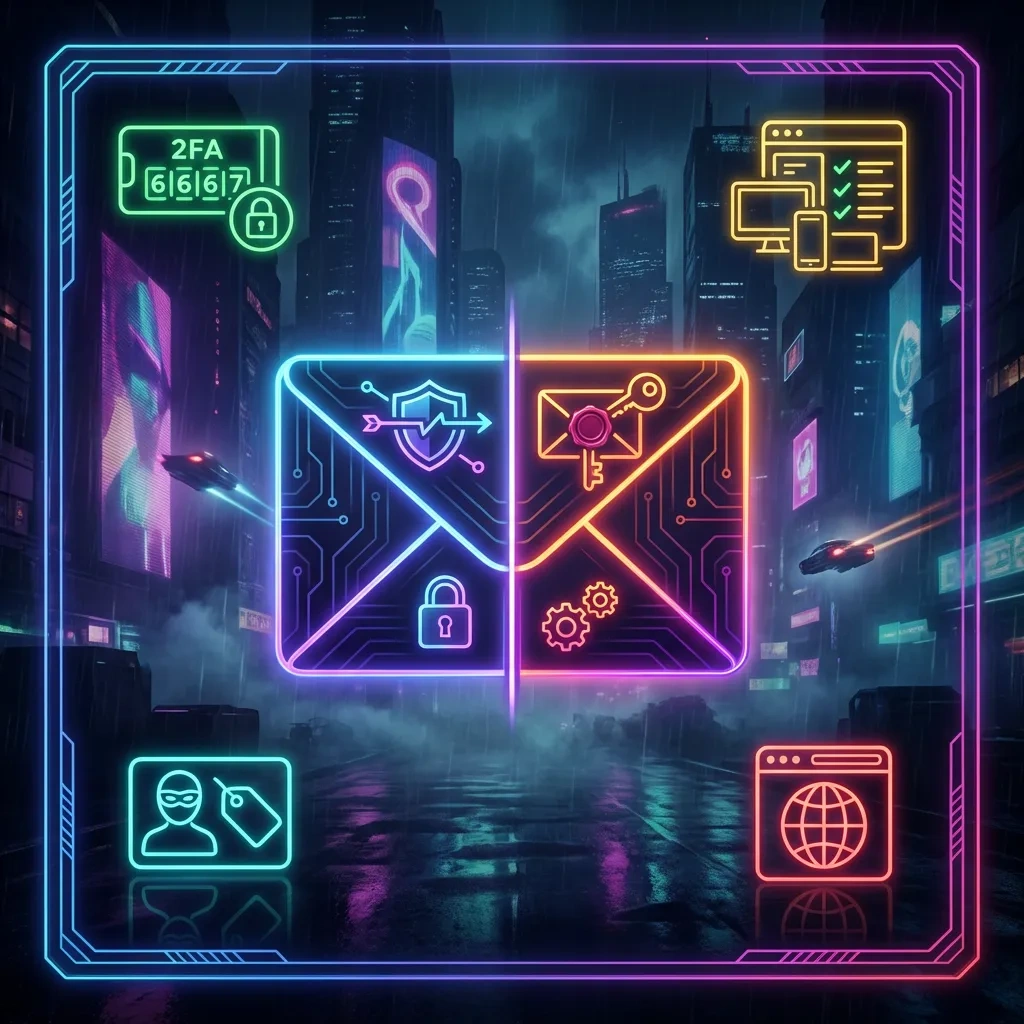 Split envelope graphic contrasting TLS transport security and PGP-style end-to-end encryption with 2FA icons