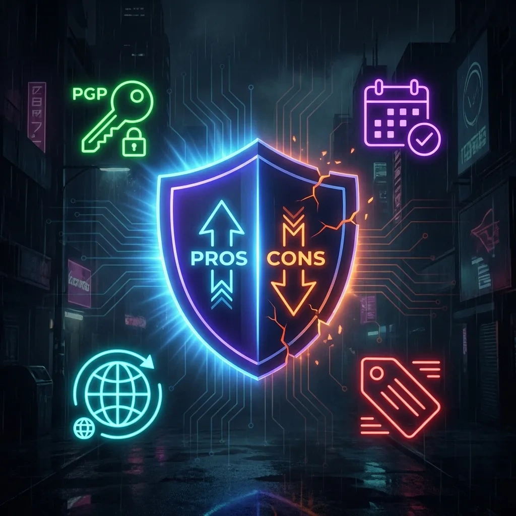 Pros-and-cons shield with PGP key and metadata tag icons on a dark security-themed background.