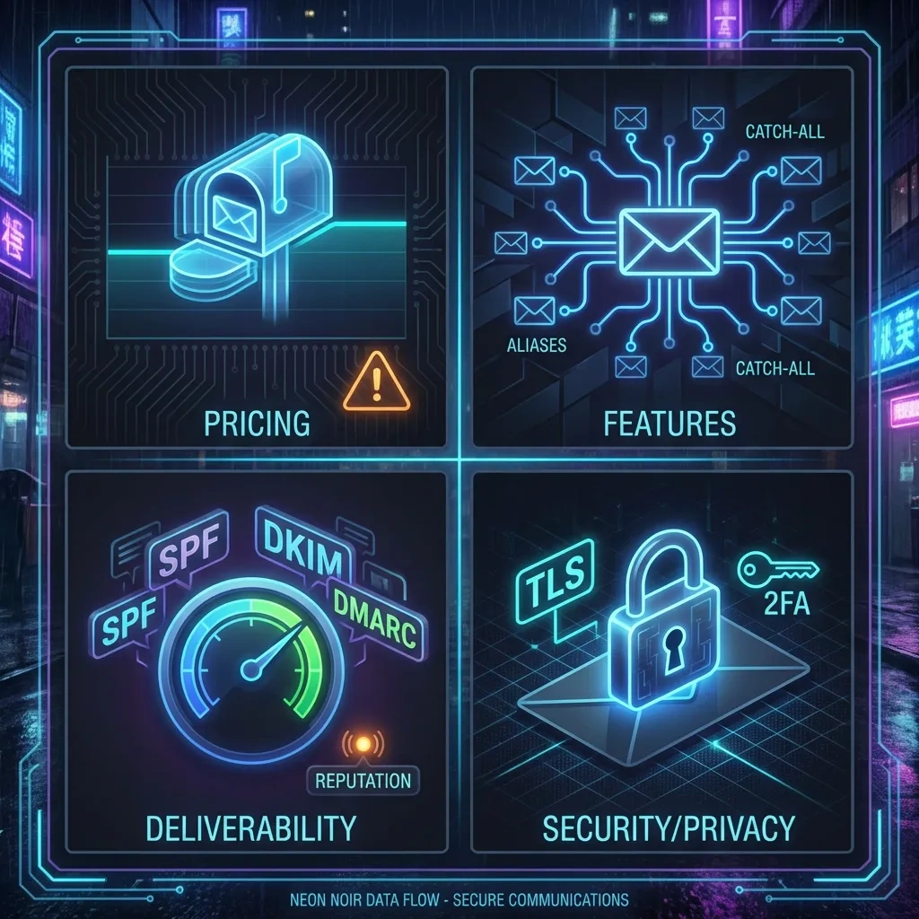 Four-panel infographic showing pricing, aliases, deliverability setup, and security icons for hosted email review