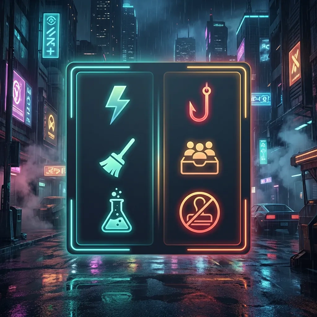 Icon grid comparing temporary email pros (speed, declutter, testing) vs cons (phishing, shared access, blocks)