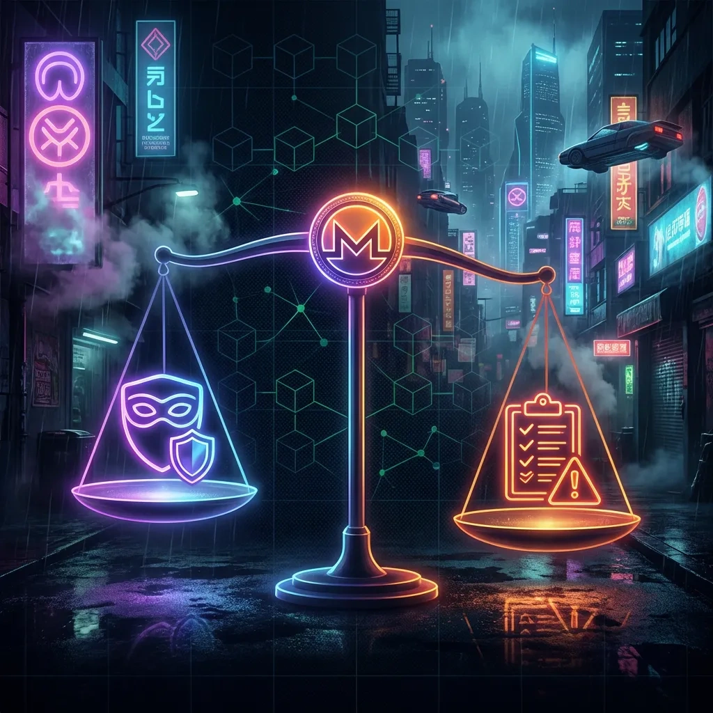 Square graphic of a balance scale weighing privacy against risk, with a Monero coin at the center on a dark grid