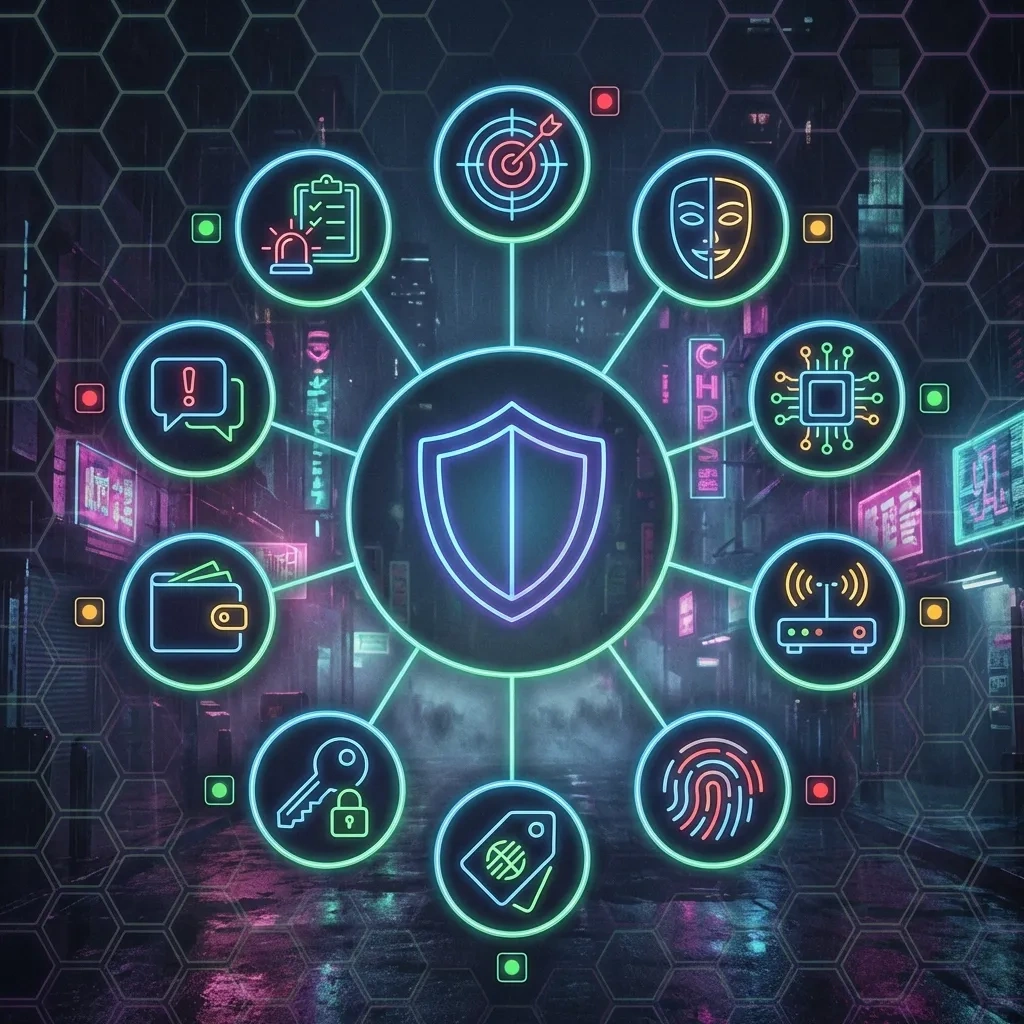 Square OPSEC infographic with a shield center and ten checklist icons for threat model, encryption, metadata, and response