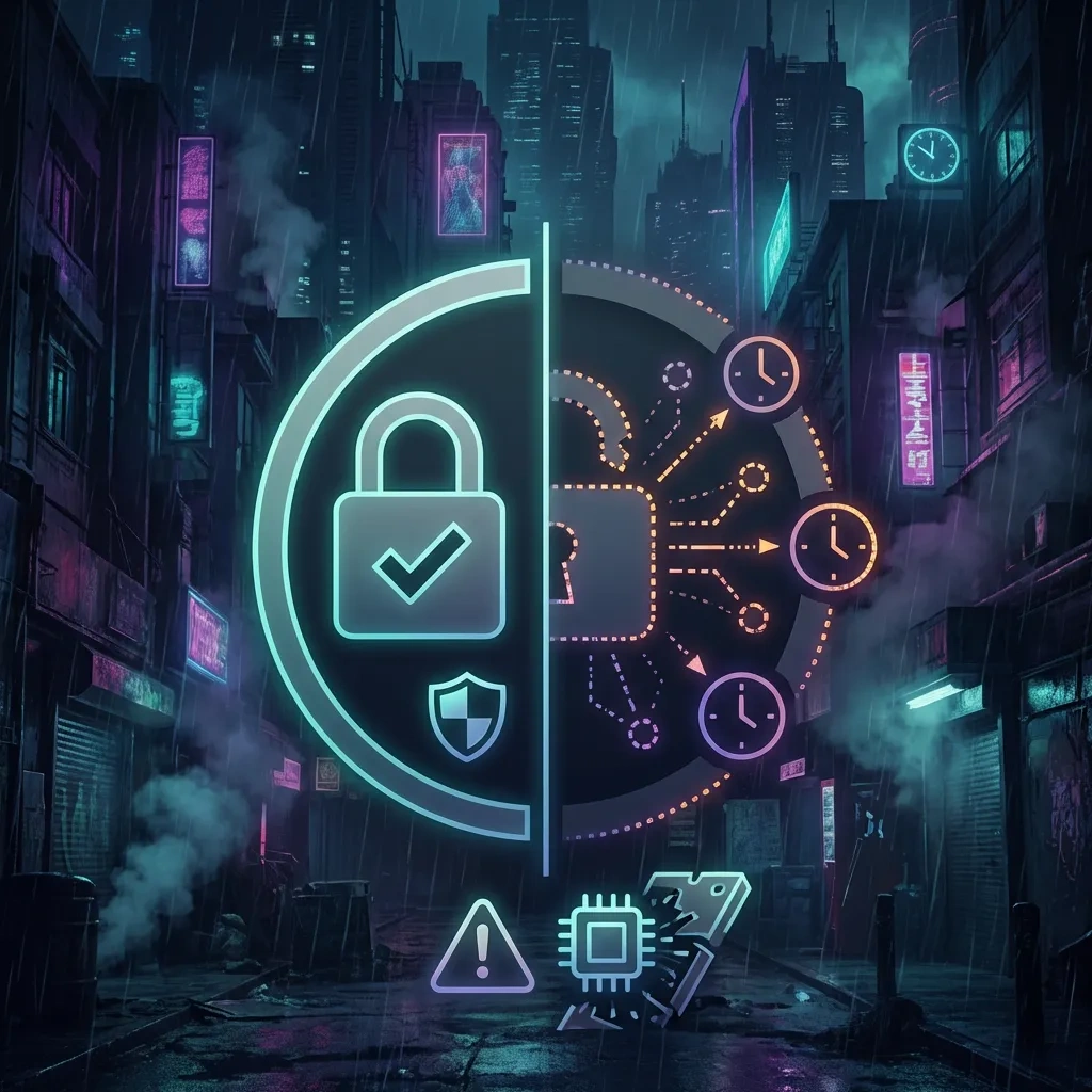 Square split icon: secure lock and checkmark versus leaking nodes and clocks, highlighting PGP strengths and limits.