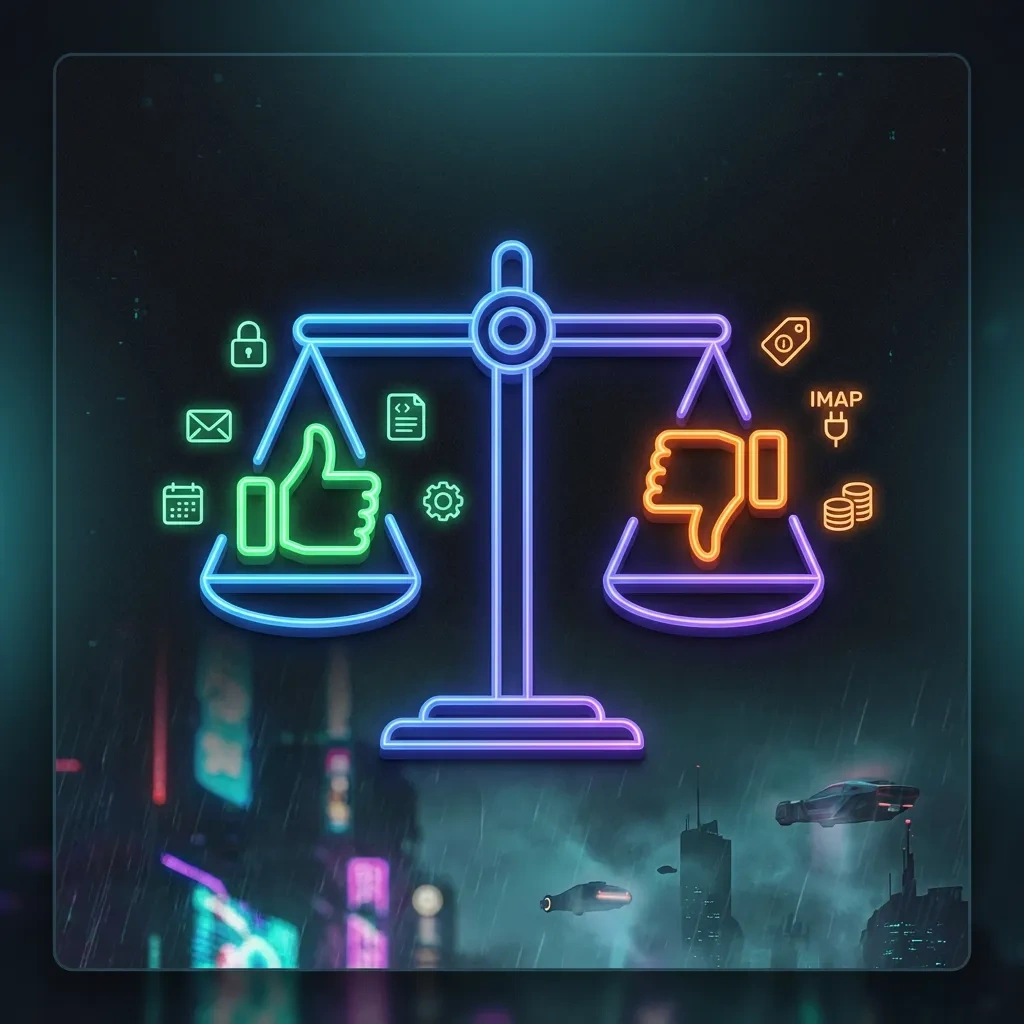 Square infographic with a scale and icons for pros, cons, lock, envelope, metadata, and pricing in dark theme