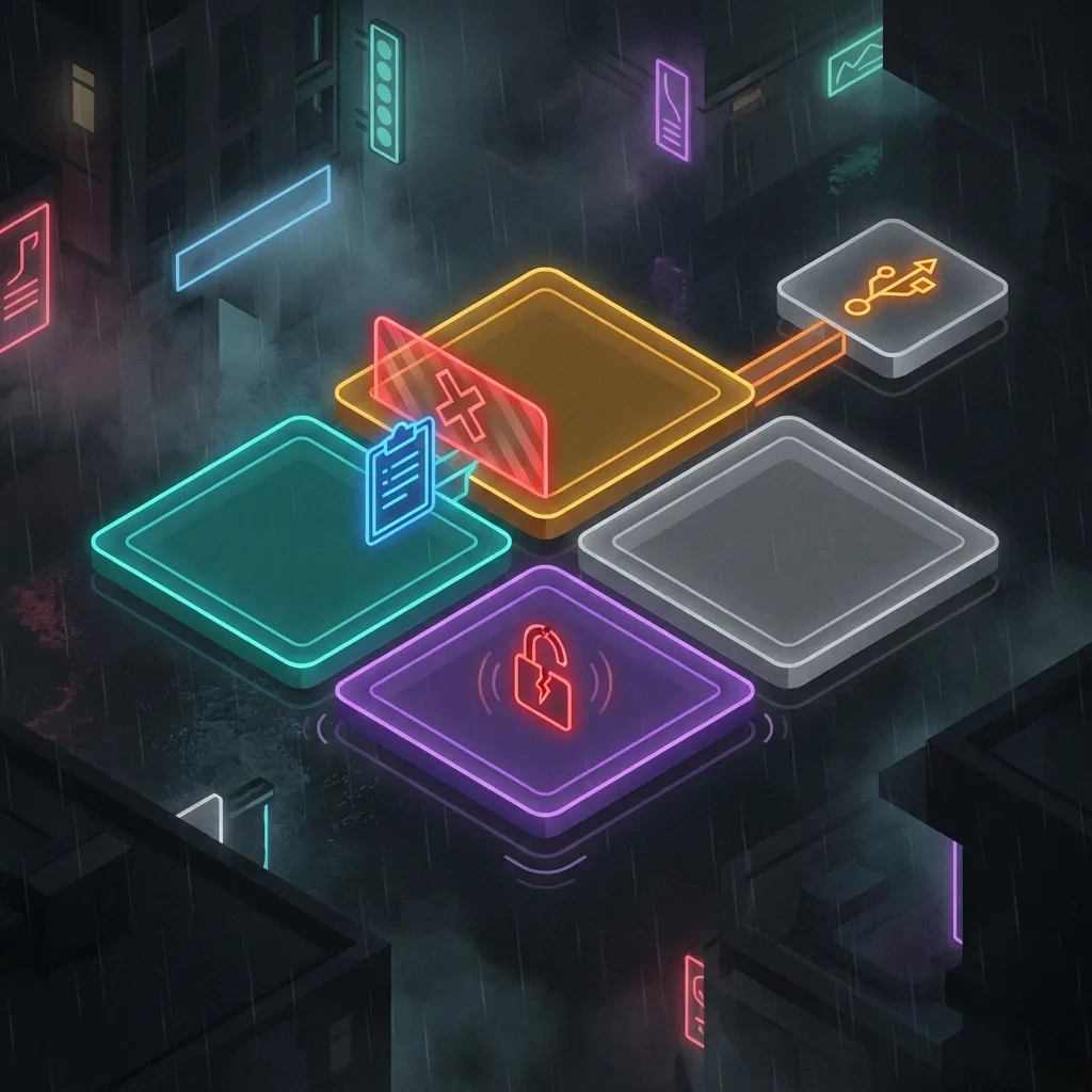 Diagram-like tiles showing isolated qubes, blocked cross-boundary sharing, and contained compromise