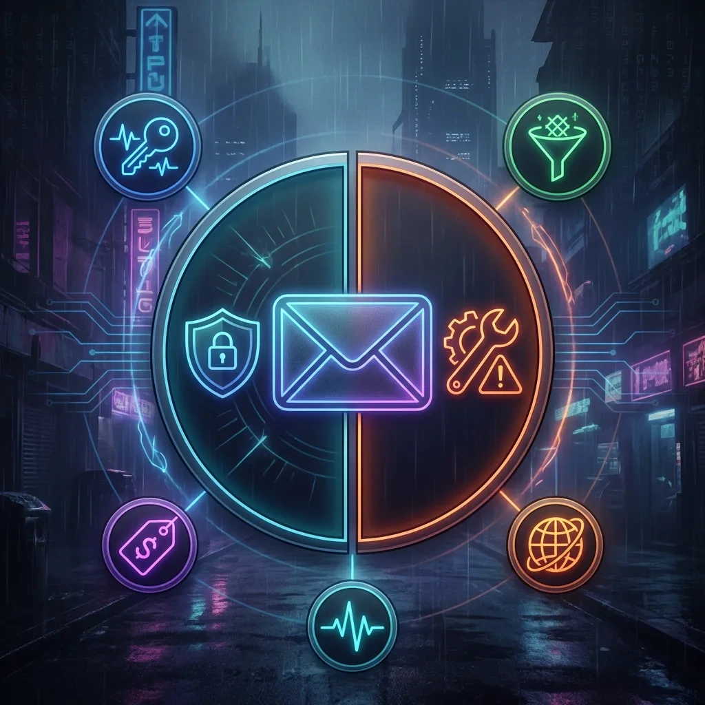 Split pros and cons icon for an email service review, with shield and caution symbols on a dark background