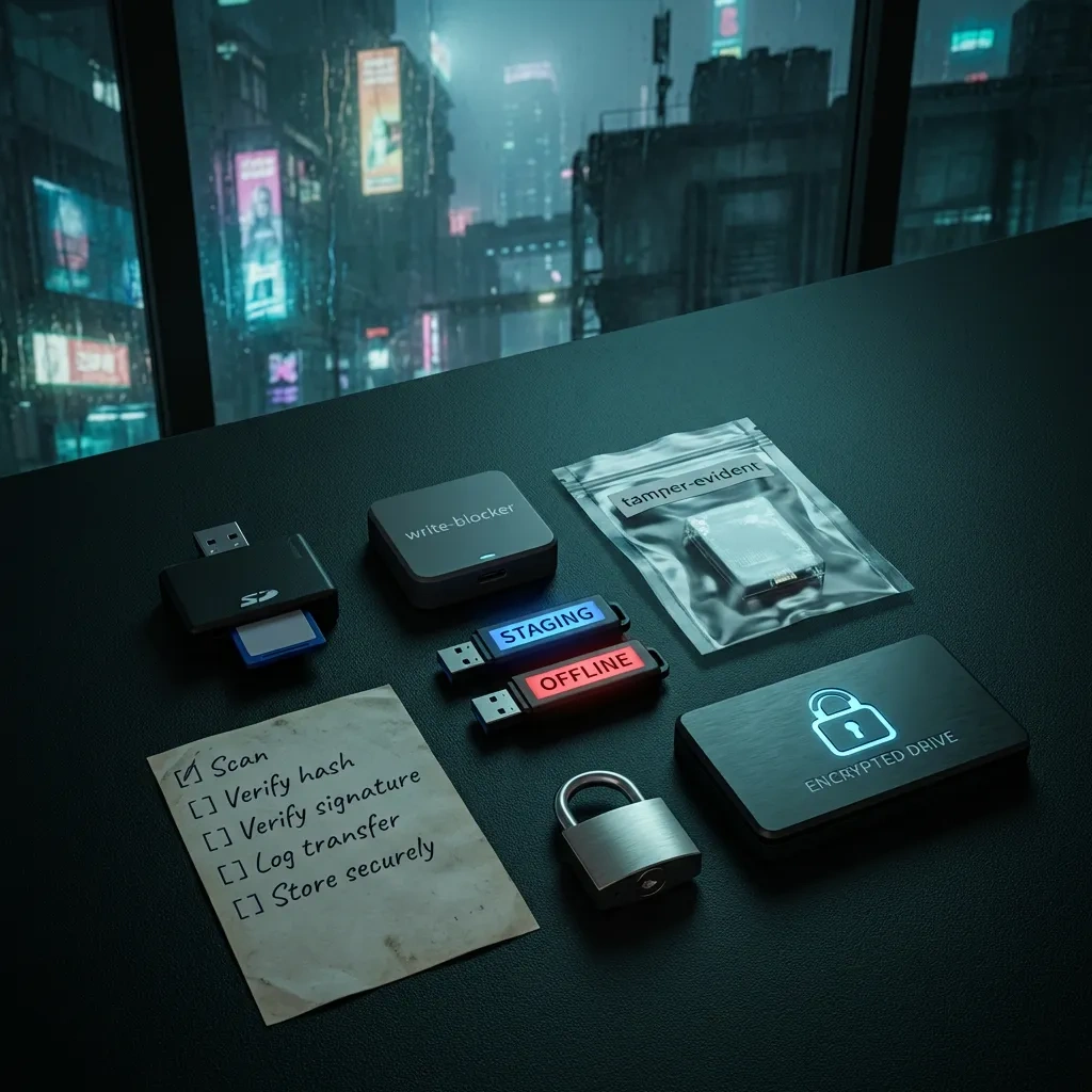 Close-up kit with labeled staging/offline drives, write-blocker, and a checklist for hash and signature verification