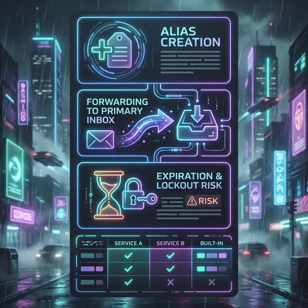 Square infographic showing alias creation, forwarding flow, and expiration/recovery risks
