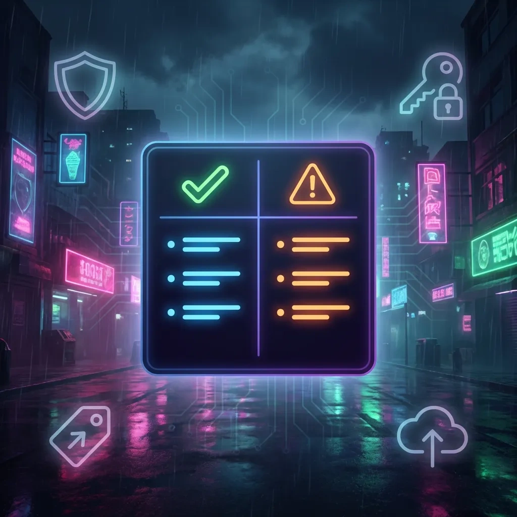 Minimal pros-and-cons decision matrix card with security, encryption, and alias icons on a dark background