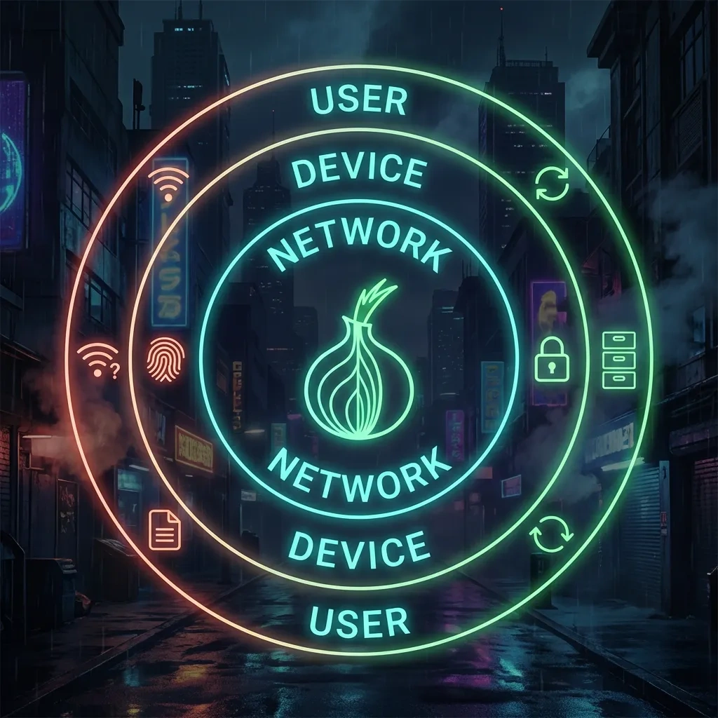 Tor onion icon with surrounding rings showing abstract privacy risks and mitigations