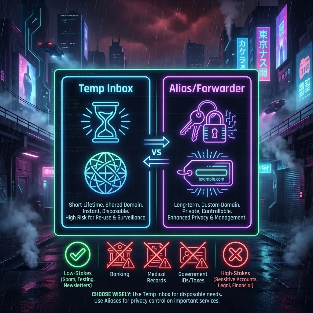 Square infographic comparing temp inboxes with aliases/forwarders and a checklist for low- vs high-stakes use.