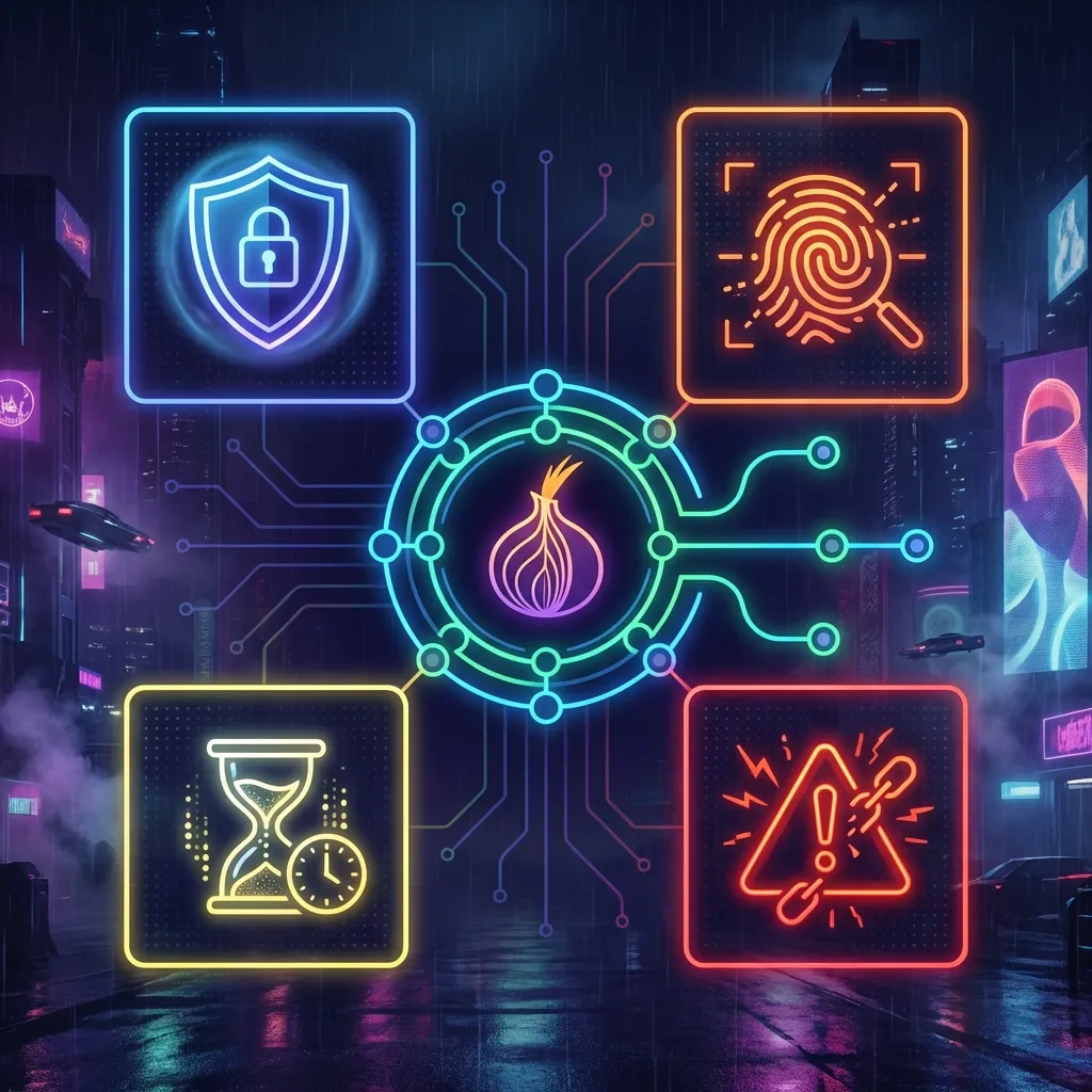 Square graphic of an onion and three-hop network with icons for privacy, fingerprinting, latency, and warnings