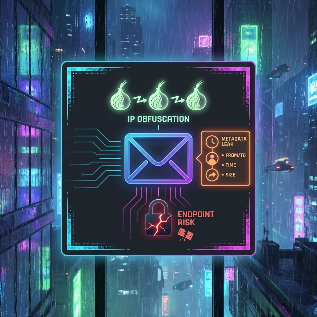 Square diagram showing Tor hiding IP while email metadata and endpoints can still expose information