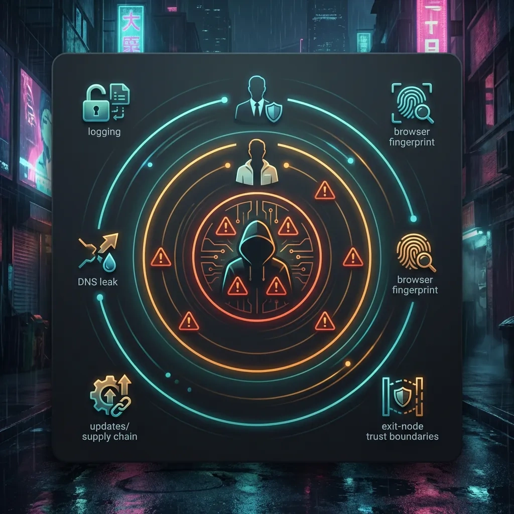 Threat-model rings with icons for logging, DNS leaks, fingerprinting, updates, and trust boundaries around a TorBox concept