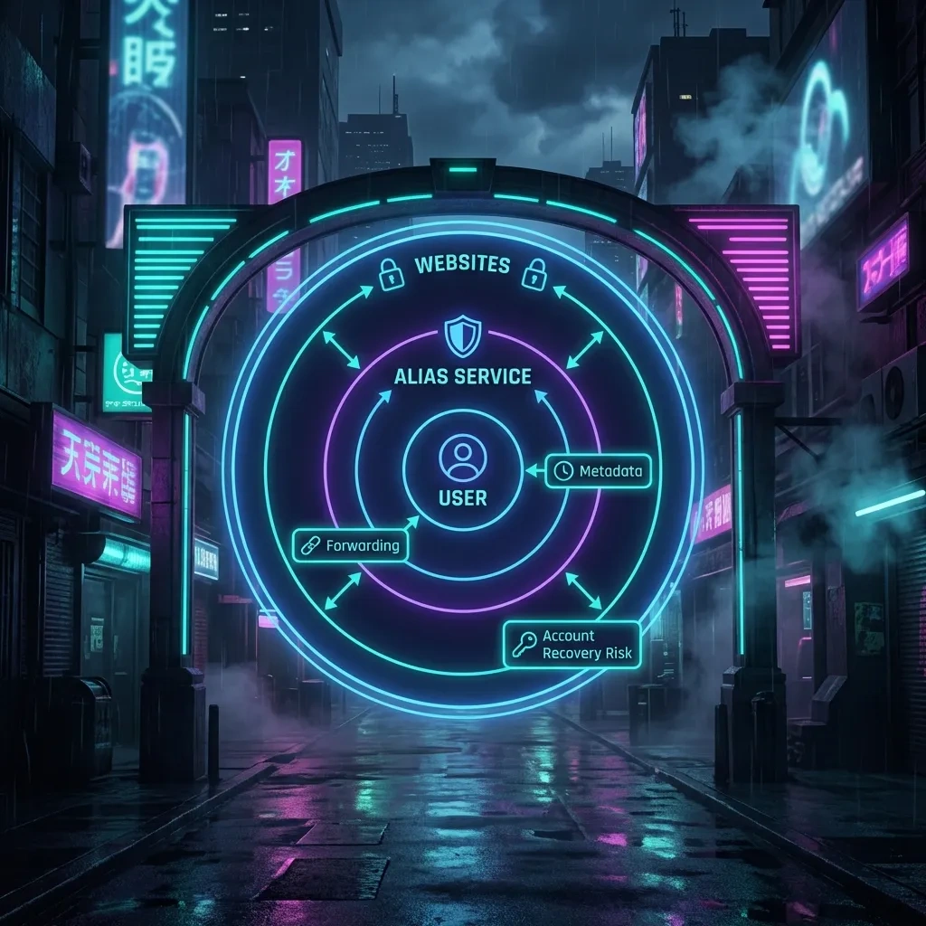 Square diagram of threat model for email aliasing: user, alias service, websites, and key risks