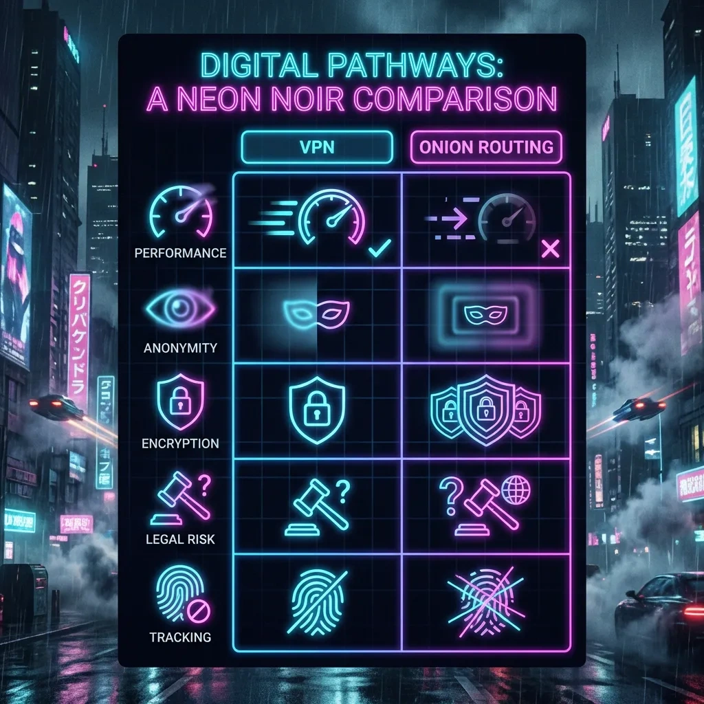 Square graphic comparing VPN and onion routing across speed, anonymity, trust, and tracking risk icons