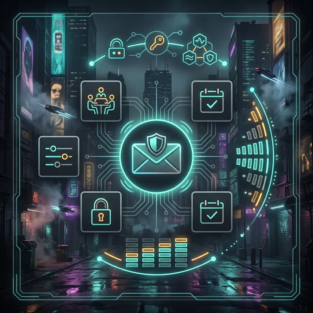 Square dark-themed comparison graphic with email, security checklist icons, and neutral provider tiles